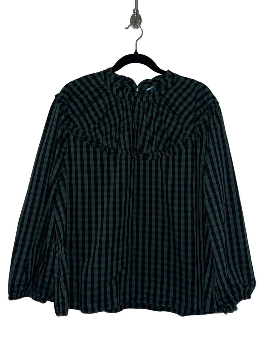 Draper James RSVP Green & Black Plaid Gingham Ruffle Yoke Blouse Size XXL